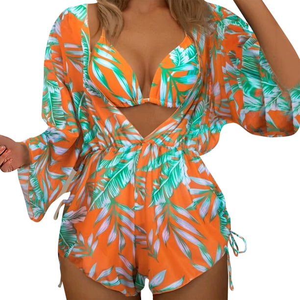 Gibobby Conjunto de Traje de Baño para Mujer Bikini de talle para mujer Lindo deportivo Push Up Traje de baño Volantes Falda de baño Trajes de baño de 3 (Naranja,M)