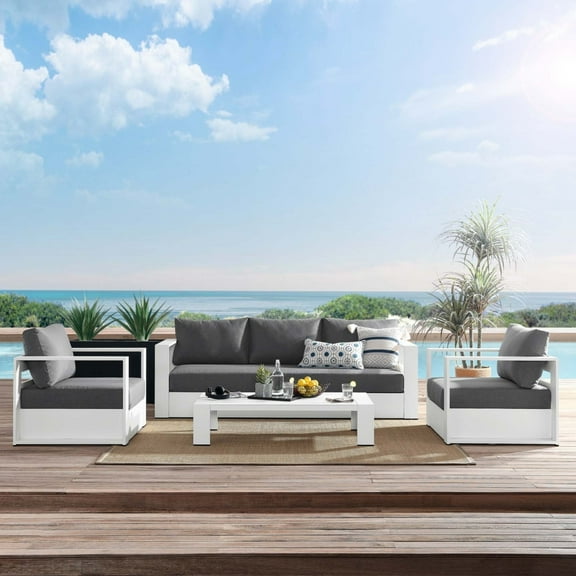 Modway Tahoe 4-Piece Fabric & Aluminum Outdoor Patio Sofa Set in White/Charcoal