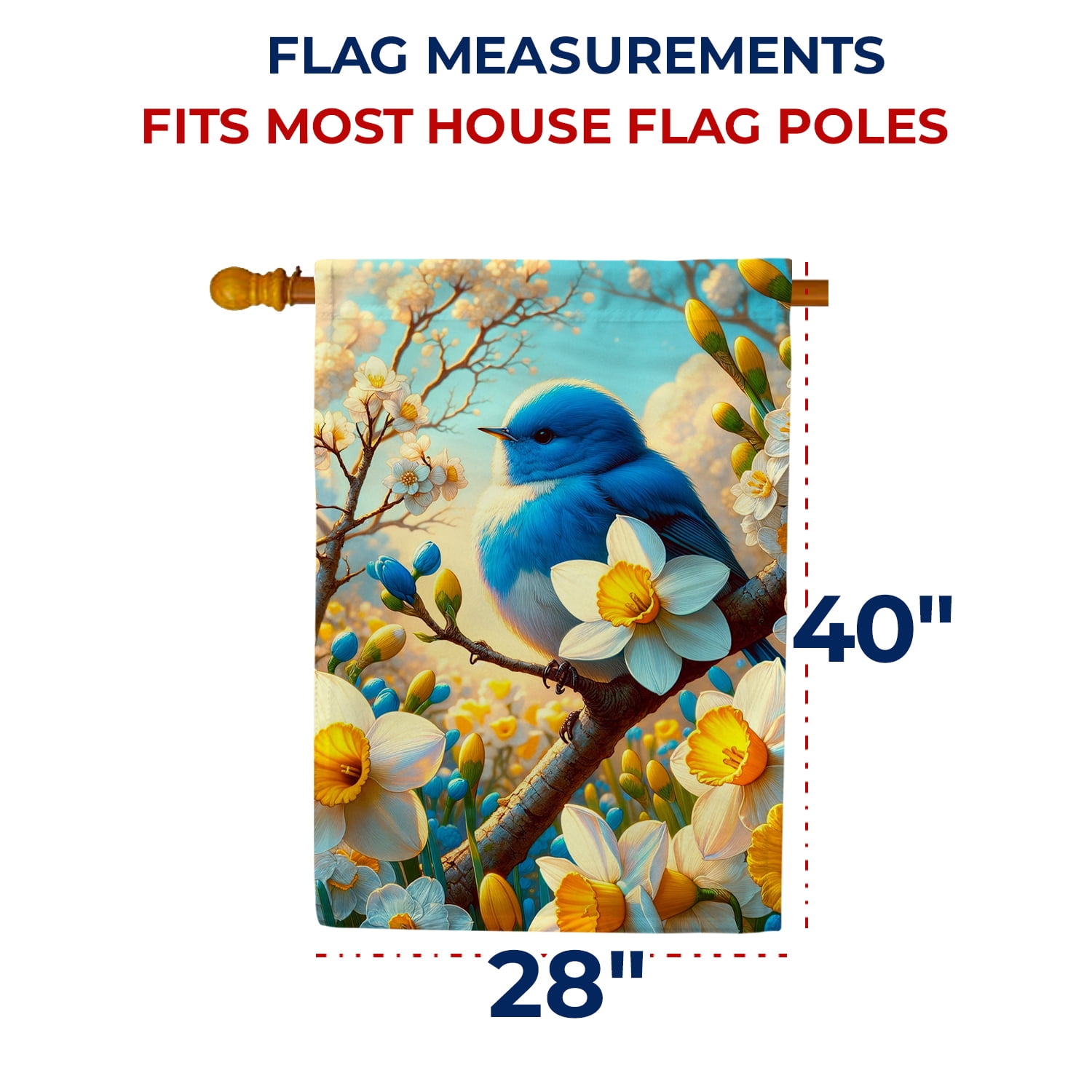 America Forever Spring Bluebird House Flag, 28x40 inch Double Sided, Bluebirds and Daffodils, Spring Summer Floral Flowers Seasonal Holiday Outdoor Yard Decoration