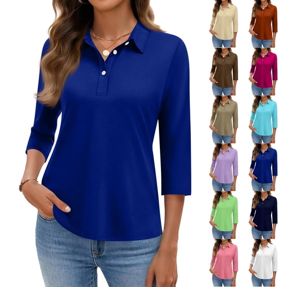 Hearthz Womens Polo Shirts 3/4 Sleeve Buttons Collared Uniform Tops for Women UPF 50 Sun Protection Women's Golf Tennis Polo Shirts Red XL