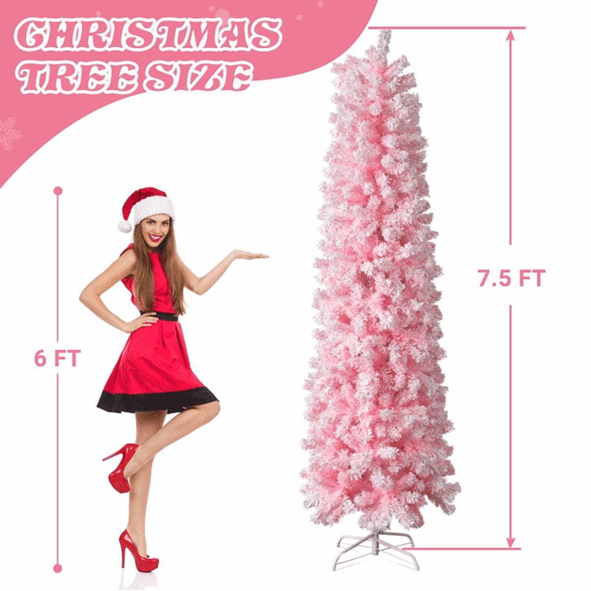 7.5FT Slim Pencil Christmas Tree Snowy Pink Flocked PVC 641 Branch Tips for Small Spaces Apartments Offices