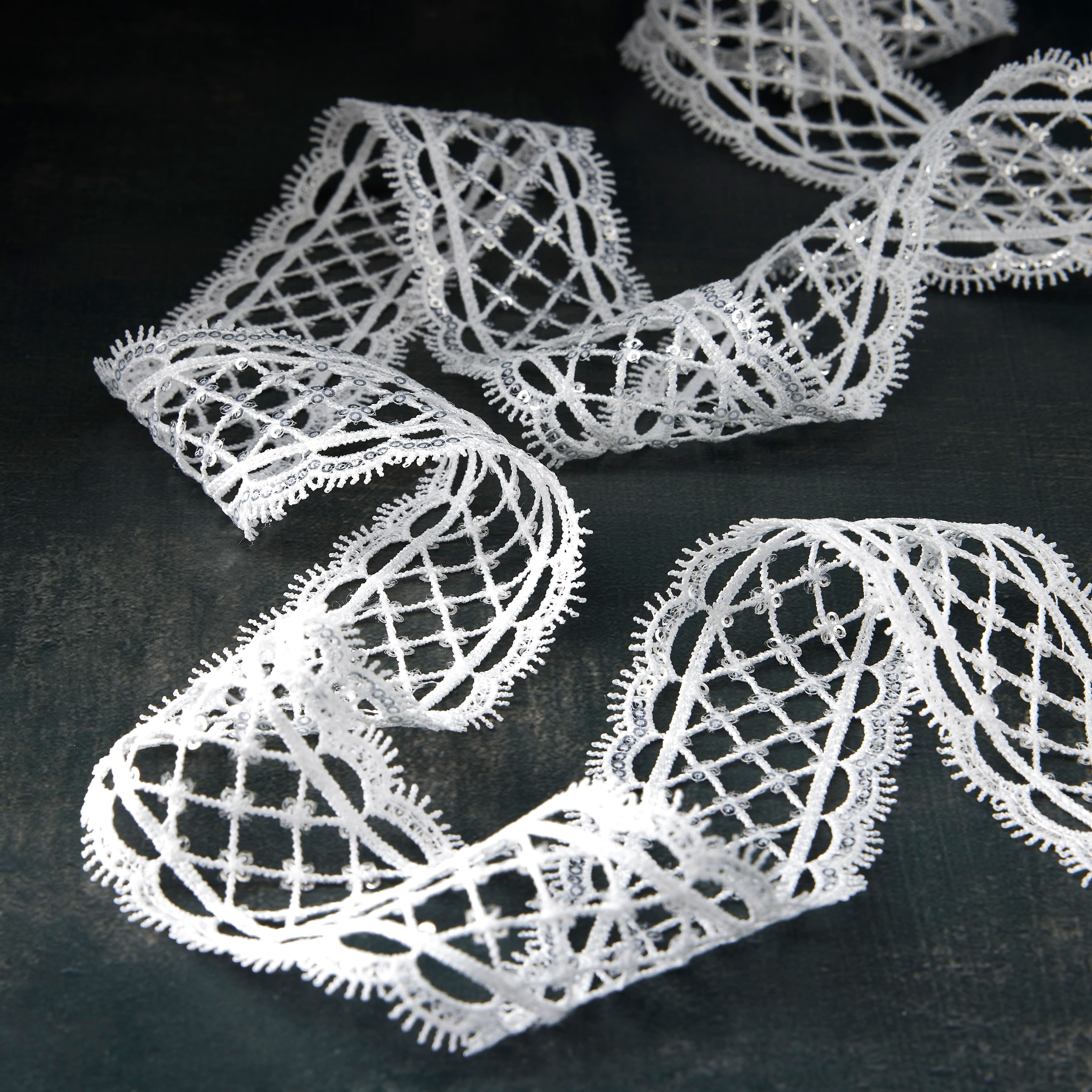 1.75" x 2yd. White Lace Sequined Ribbon by Celebrate It – Non-Wired Polyester - Ideal for Gift Wrapping - Baskets & Decor Accents - 12 Pack