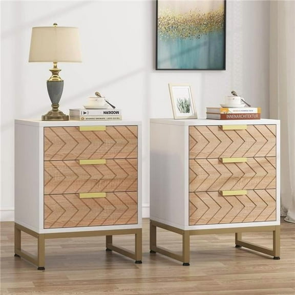 Tradeber TB-JW0346 17.7 in. Modern Nightstands with 3 Drawers - White & Walnut - Set of 2