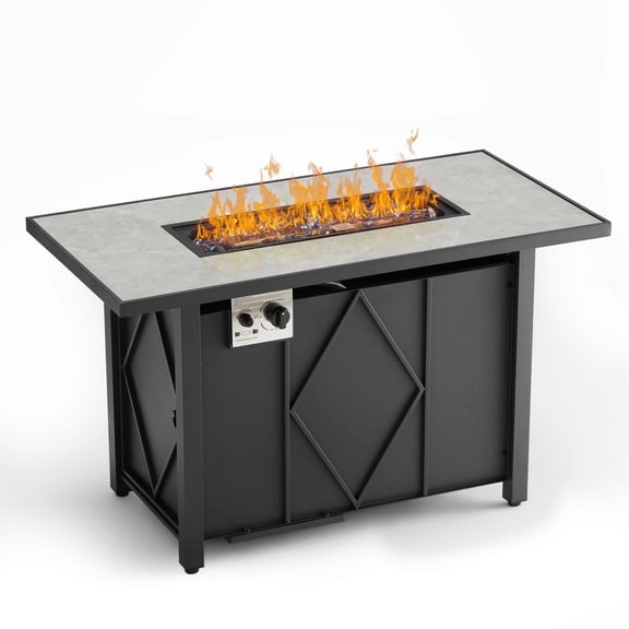 Propane Fire Pit 43 Inch Rectangle Outdoor Gas Fire Pits, 50,000 BTU Fire Table with Steel Tabletop, Glass Wind Guard, Blue Glass Stone and Waterproof Cover for Outside Patio, Garden, Deck, Yard