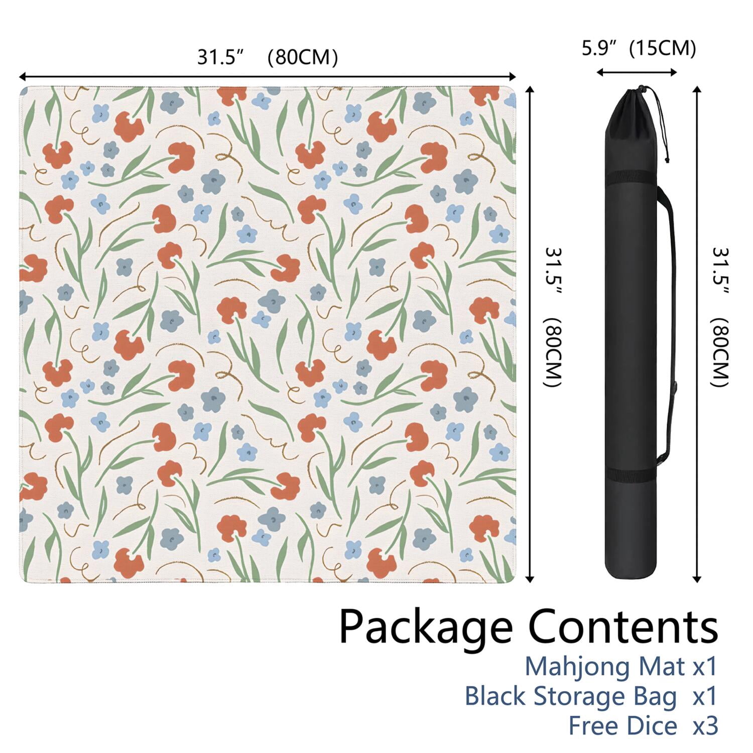 Traditional Floral Style Anti-Slip Game Table Mat 31.5x31.5 Inch Rubber Surface for Mahjong Provides Noise Reduction for Tile Play & Family Entertainment