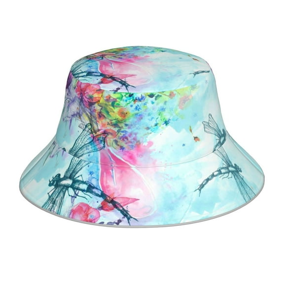 Vsdgher Dragonfly Floral Print Bucket Hat for Men&Women Bucket Hat Reversible Summer Double-Side-Wear Travel Gardening, Beach, Camping, Hiking, Fishing Cap
