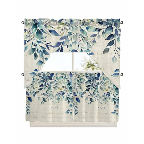 Blue Teal Eucalyptus Leaves Kitchen Curtains Swag Valance and Tier Curtains Set 24 Inch Length, Watercolor Vintage Botanical Rod Pocket Drape Panels Pair Swag Curtains for Bathroom/Cafe/Window