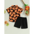 thumbnail image 3 of Halloween Kids Toddler Baby Boy Gentleman Outfits Pumpkin Print Short Sleeve Button Down Shirt and Shorts Set, 3 of 6