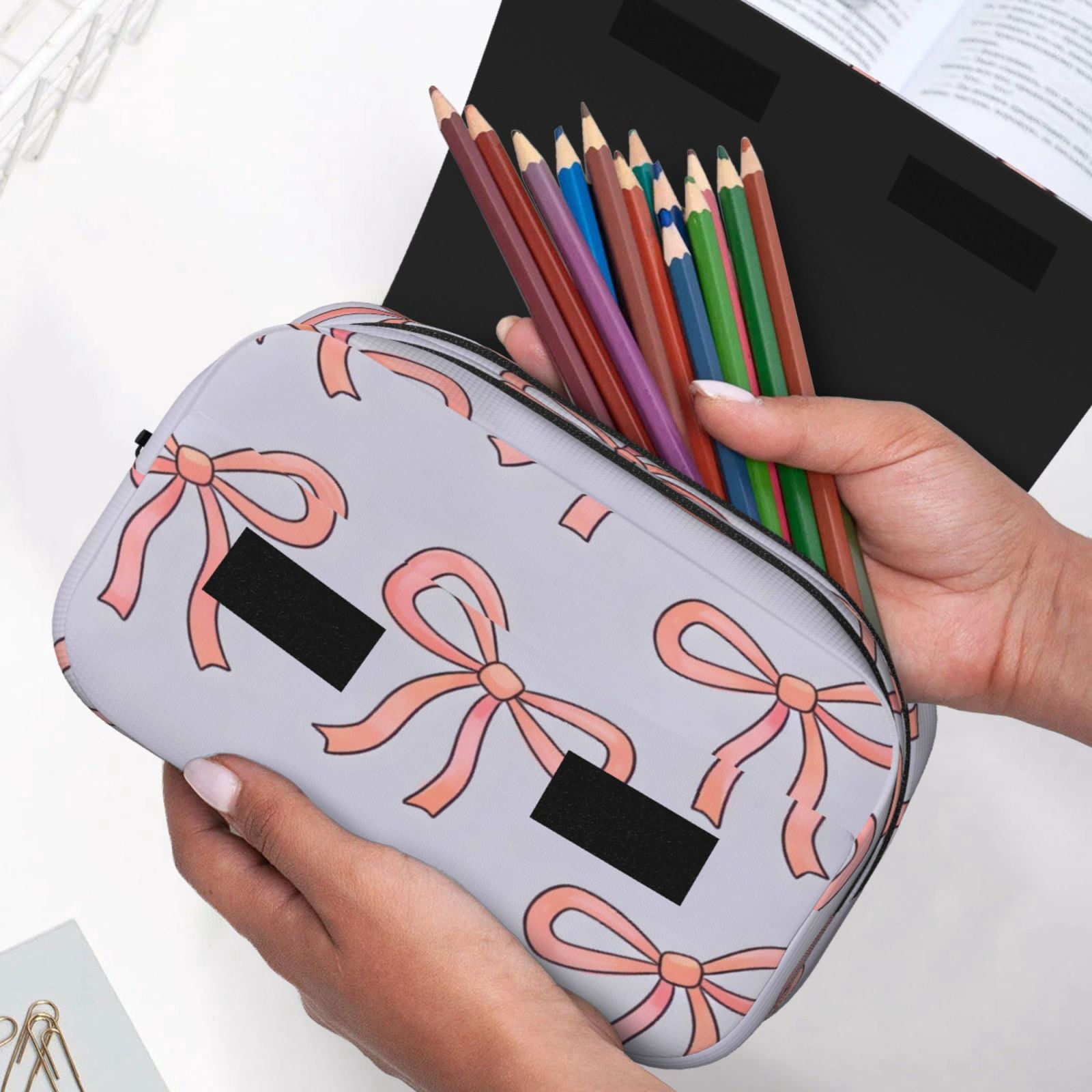 Large-Capacity Flip-Top Double-Layer Pencil Case, Multi-Functional Pocket Pen Case, Durable Stationery Organizer Pink Bow (3)