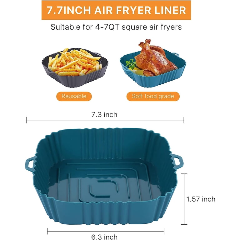 Air Fryer Silicone Liners 2 Pcs (6.3 Inch) - Reusable Round Baskets For 2 To 2.6 QT Air Fryers, Non-Stick, Dishwasher Safe (Blue & Gray)