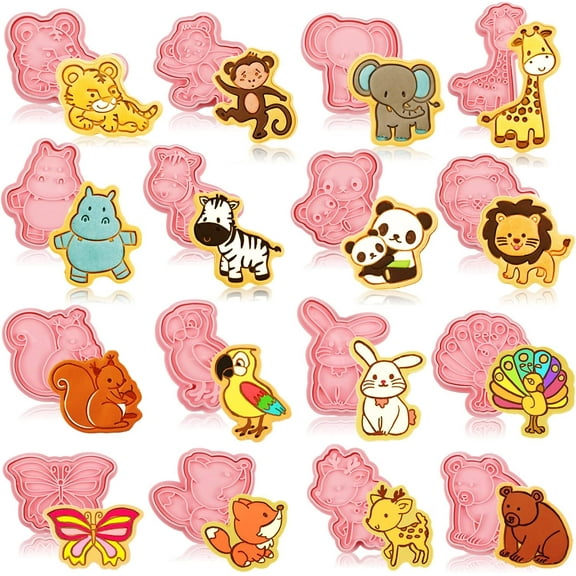 Liho 16 Pcs Animal Cookie Cutters with Plunger Stamps Set 3D Animal Shaped Cookie Cutter Stampers Embossing Biscuit Fondant Cheese Baking Molds for DIY A605