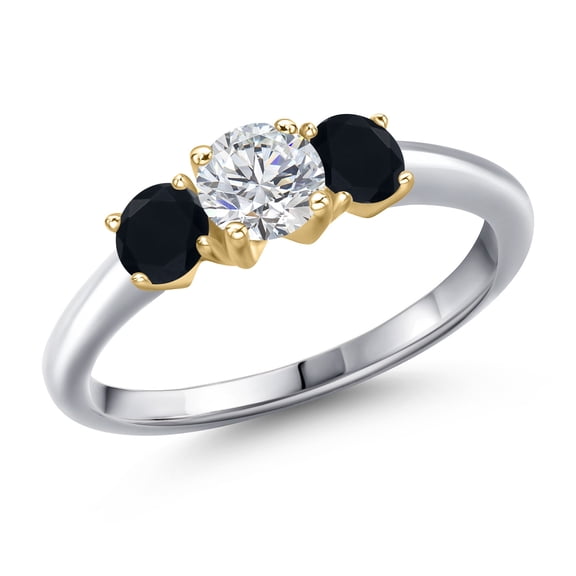 Gem Stone King 925 Silver and 10K Yellow Gold Lab Grown Diamond and Black Onyx Engagement Ring for Women | 0.94 Cttw | Round 5MM | Gemstone April Birthstone | Size 6