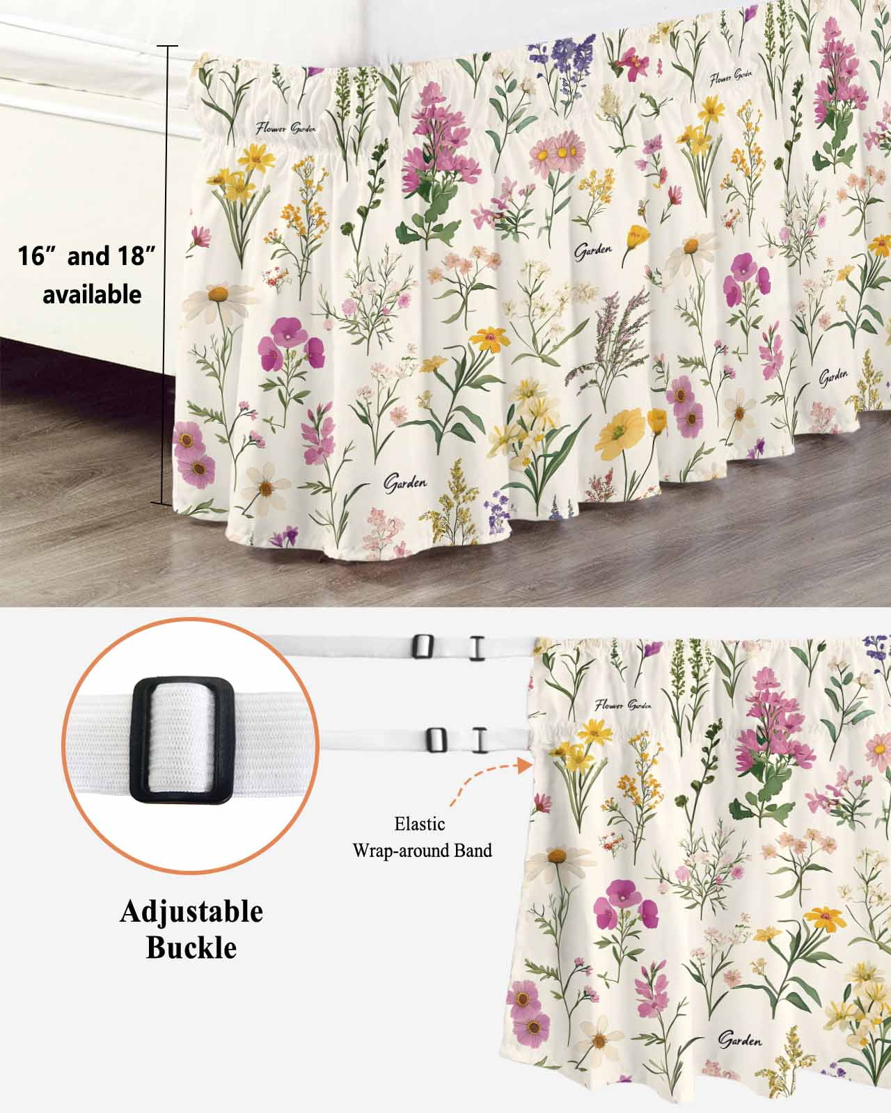 Wildflowers Wrap Around Bed Skirts for Queen Bed 16" Drop,Bed Skirt with Adjustable Elastic Belt Dust Ruffle Bed Valance for Bedroom Hotel Blossoming Botanical Prints Garden Floral Bed Frame Cover