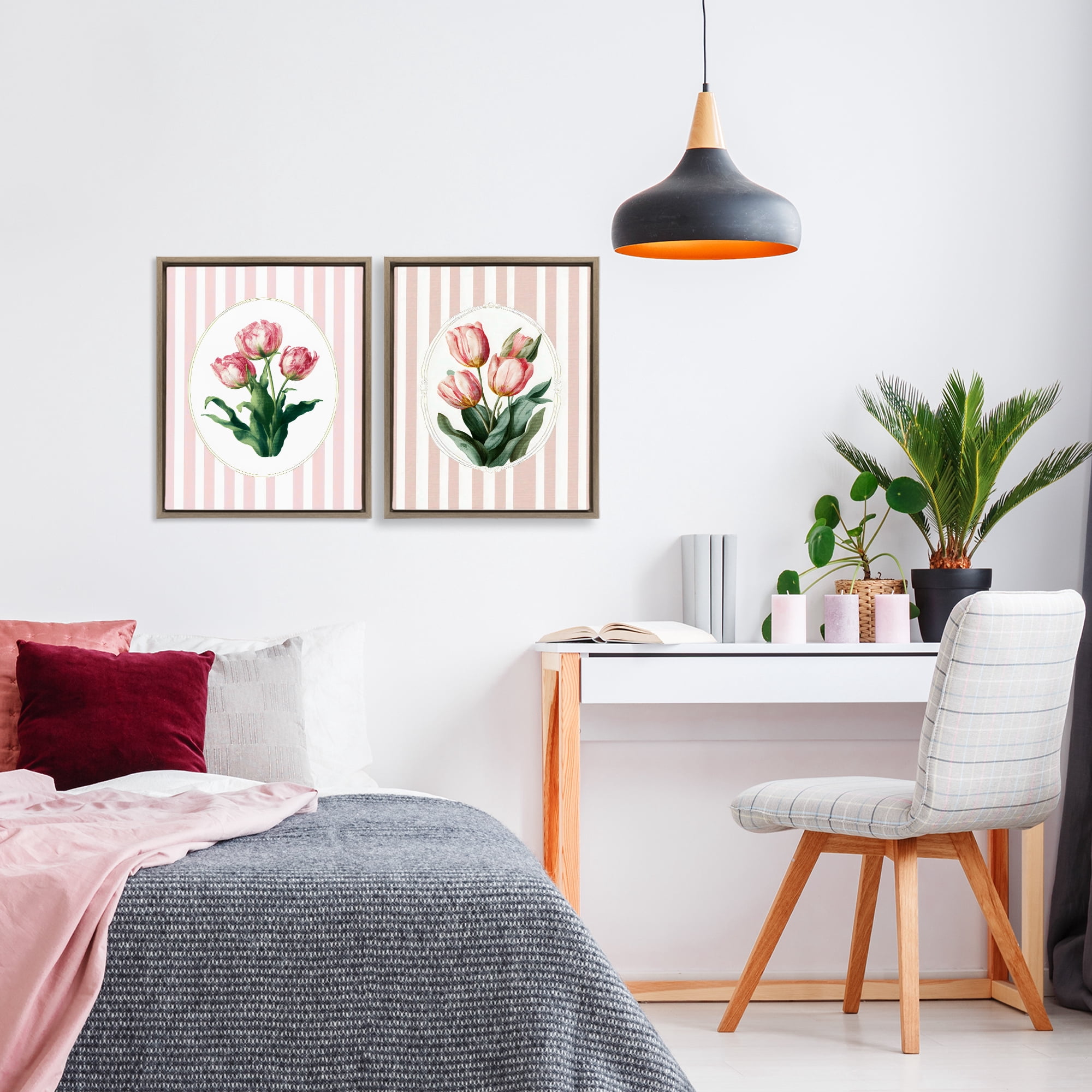 Stupell Industries Blush Tulips on Stripes 2 Piece Brown Framed Floater Canvas Set, design by Ink Drop Loft