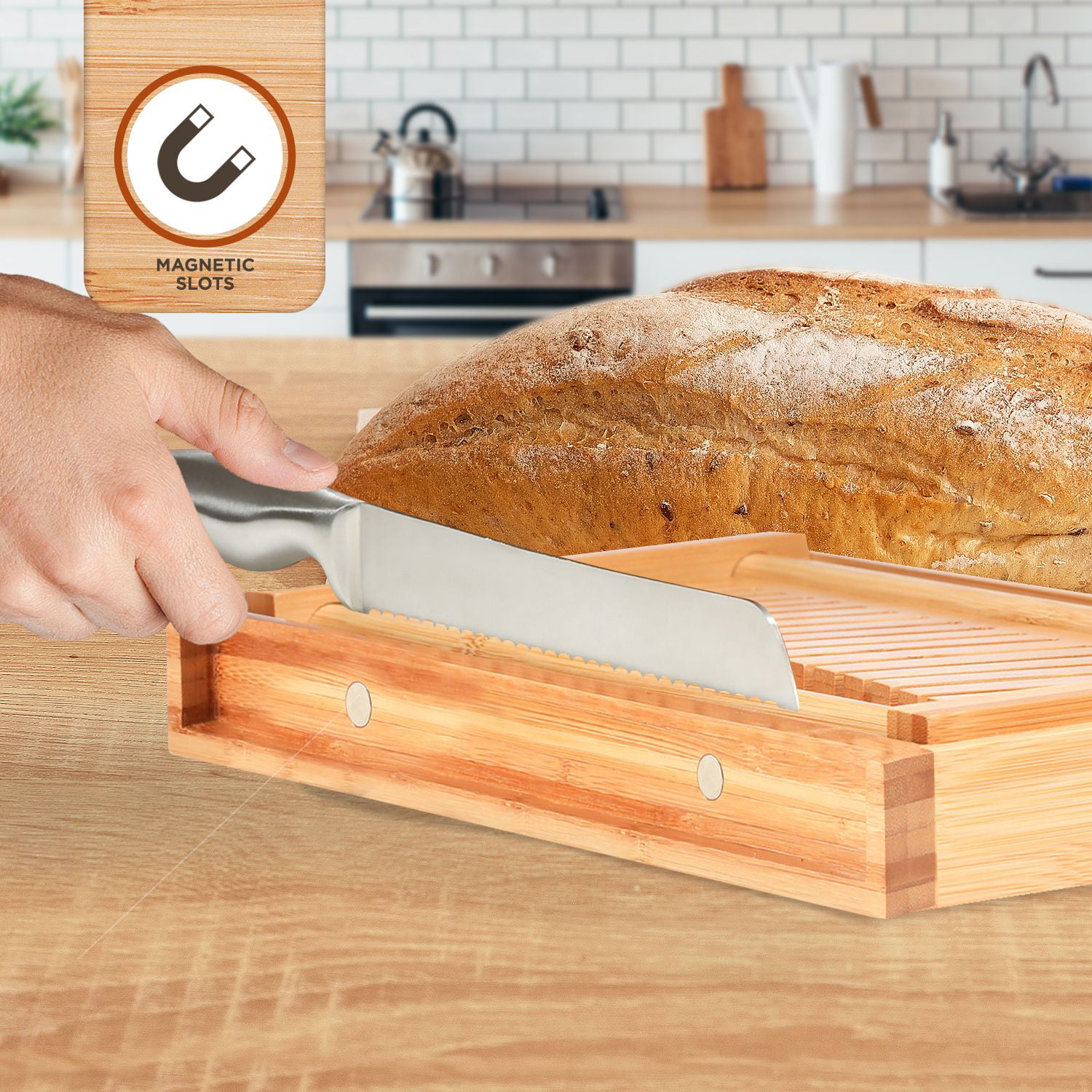 Bamboo Bread slicer, Bread Cutter guide adjustable, Bread Loaf Slicer  cutting board & Crumb Catcher Tray, Stainless Steel Knife, Compact &  Foldable 2