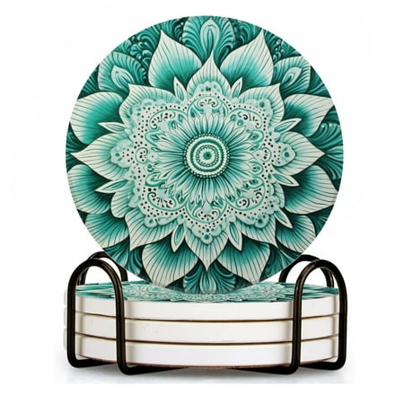 

BaHomeck Drink Coasters Set of 4 with Holder Teal mandala floral pattern Water Absorbent Ceramic Coasters Tabletop Protection Suitable for Various Cup Home Decor