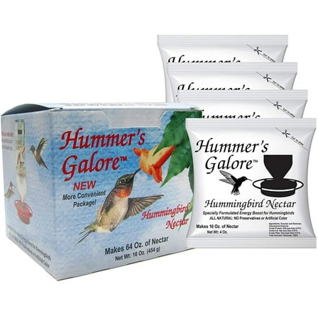 Hummer's Galore Hummingbird Food - Ready-to-Mix Hummingbird Nectar, All-Natural Nectar Collector Formula, No Preservatives or Dyes, Makes 64 Ounces (4 Packets Included)