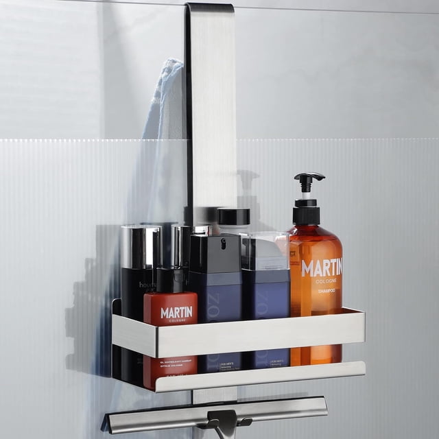 Cesta de ducha de acero inoxidable pulido para puertas de vidrio sin marco, diseño de almacenamiento 2 en 1 con correa de retención de silicona que garantiza una organización del baño práctica y