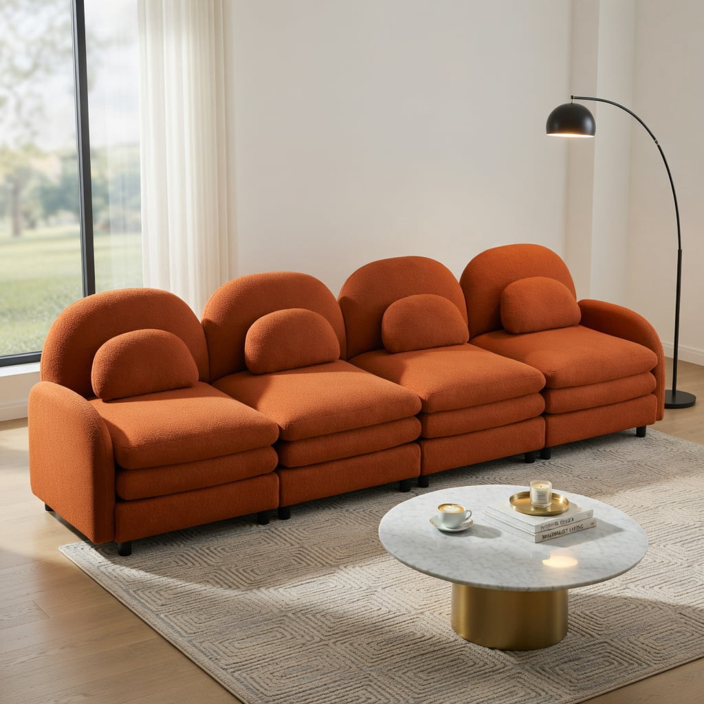 Hommoo Teddy Fleece Modular 4-Seat Sofa, Cloud-Like Softness, Curved Backrest & Armrest, Double-Layer Cushioning with Lumbar Support, Orange