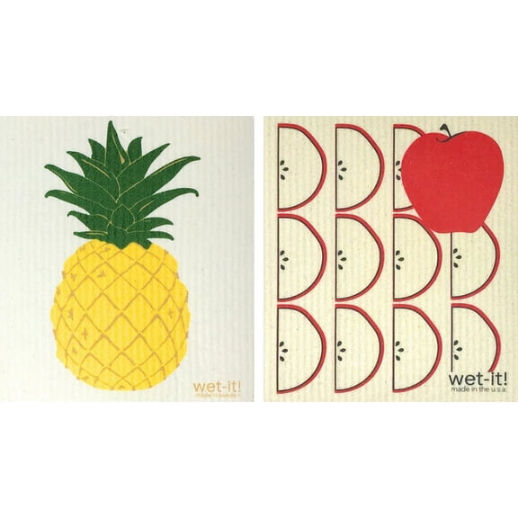 Wet-It! Swedish Treasures Dishcloth & Cleaning Cloth - Set of 2 - Hospitality Pineapple & Apples - (Paper Towel Replacement)