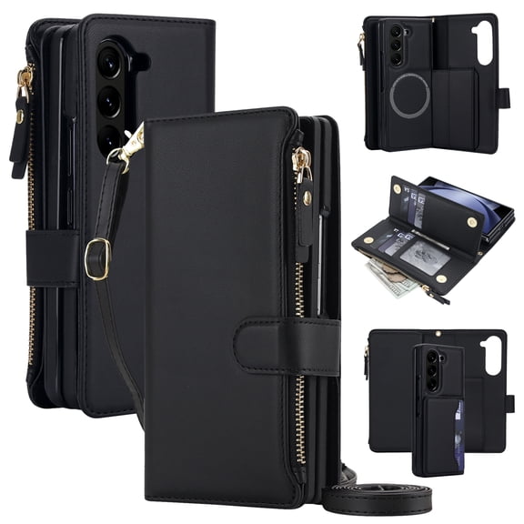 Sanwo for Samsung Galaxy Z Fold 5 Crossbody Wallet Case with Detachable Magnetic Phone Cover,RFID Blocking Faux Leather Flip Folio Cover with Zipper Pocket and Strap,Apricot