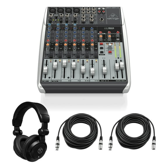Behringer XENYX Q1204USB Premium 12-Input 2/2-Bus Mixer, Bundle with TAPH100 Headphones and 2x 50' XLR Microphone Cable