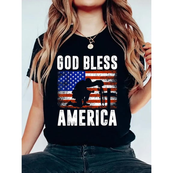 God Bless America 4th of July USA Flag Patriotic Christian T-Shirt for Women Kids Women's Graphic Tee Casual Tops