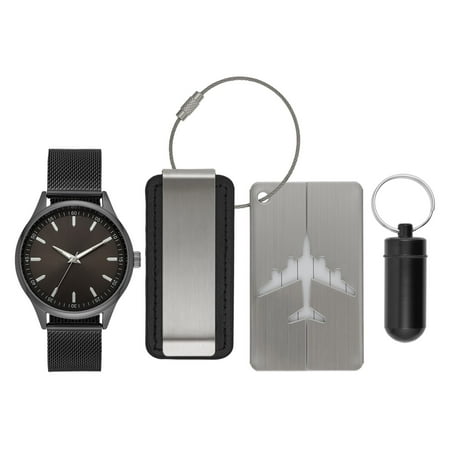 Men's Gunmetal Watch Gift Set with Money Clip and Luggage Tag