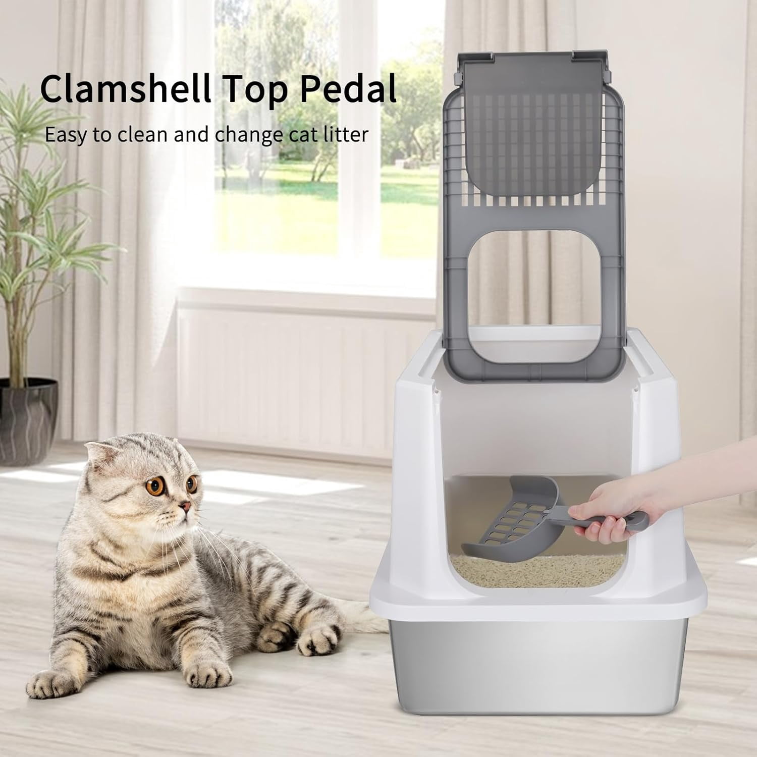 Stainless Steel Cat Litter Box, Semi-Enclosed Litter Box with Raised Edges, Anti-Leakage & Odorless, Large Litter Box for Small to Large Sized Cats (Dark Gray, 23.8" L*15.9" W*16.1" H)