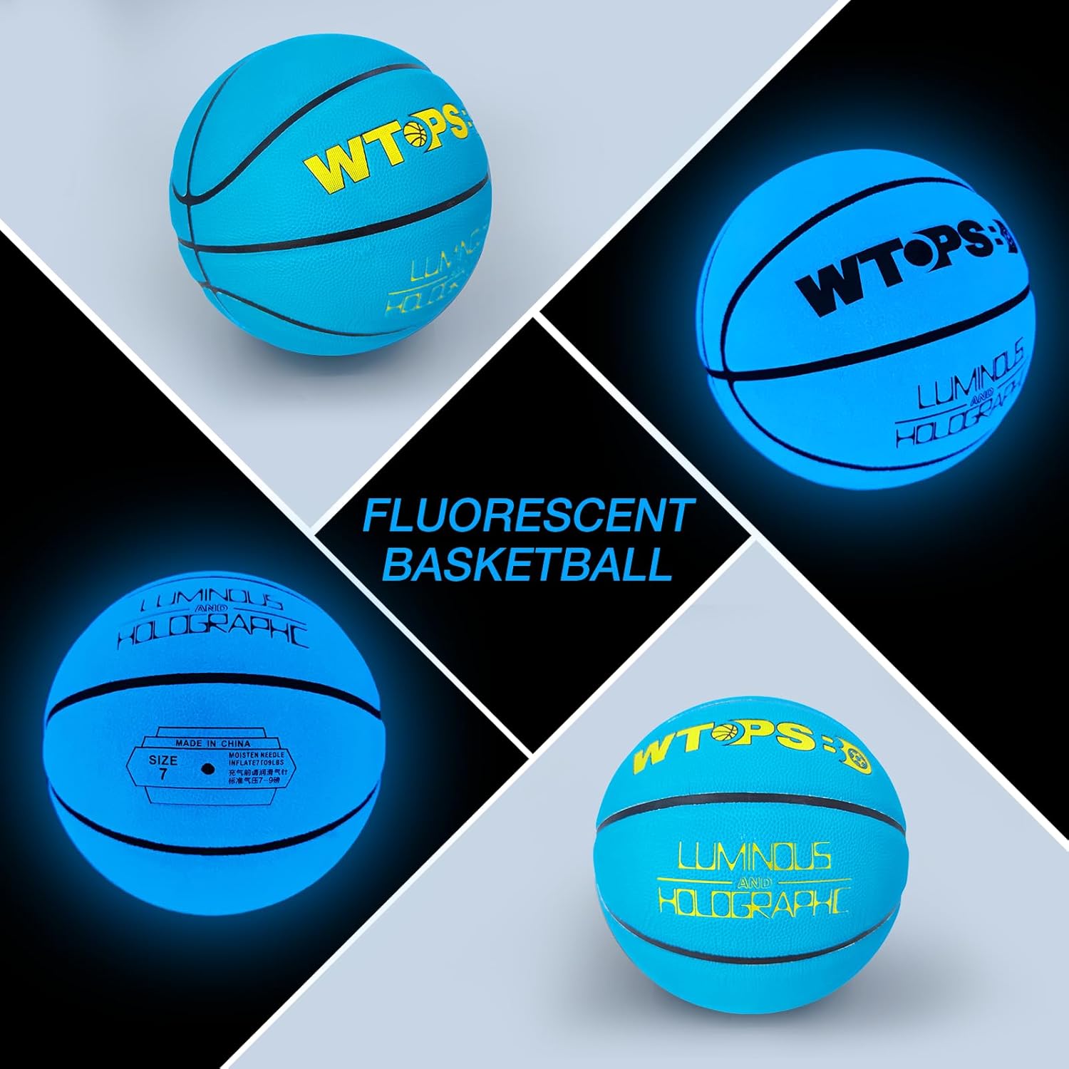 Glow in The Dark Basketball, Cool Glowing Luminous Basketball with Pump and Bag Indoor Outdoor PU Leather Basketballs Size 5/6/ 7