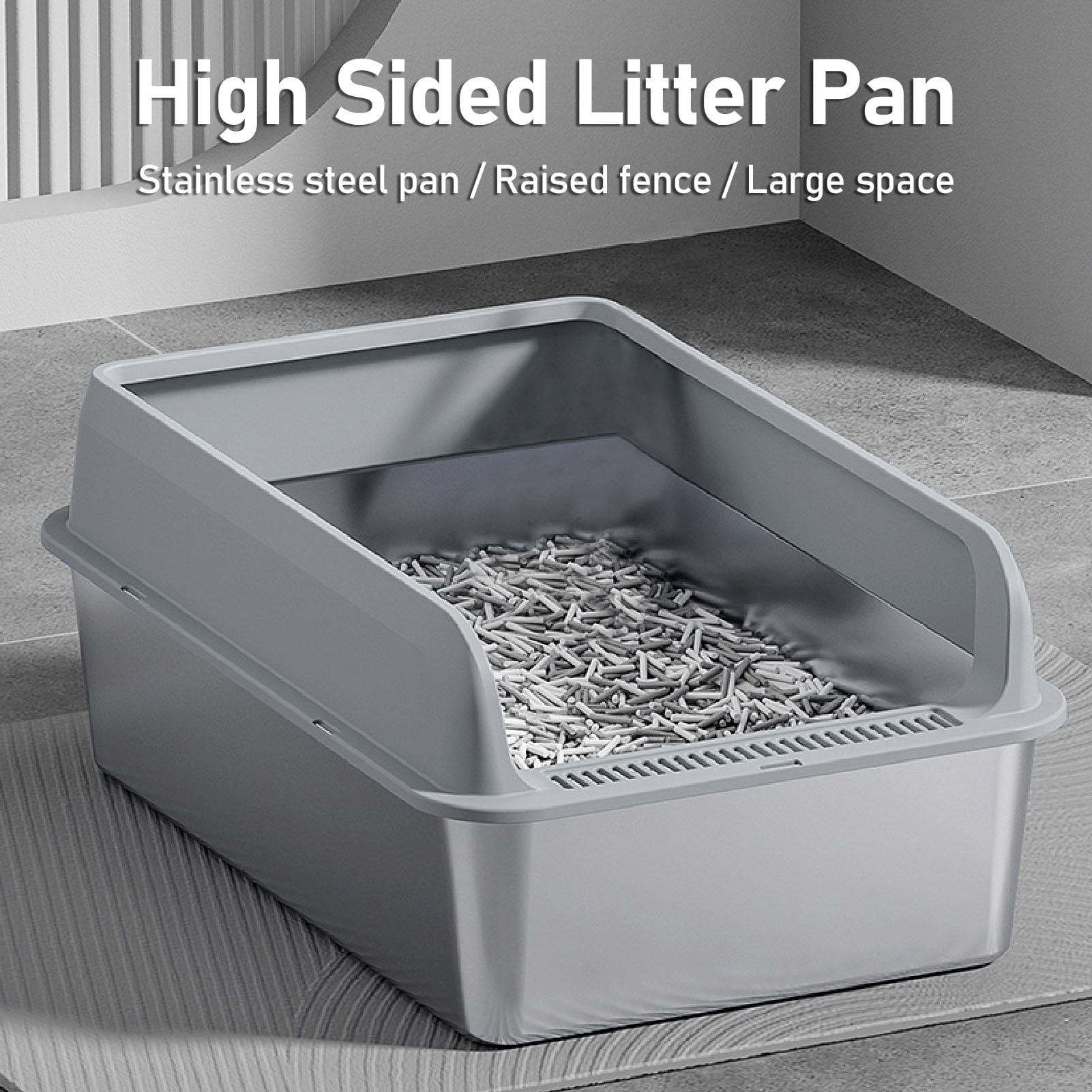 BOKYAN Stainless Steel Cat Litter Box Anti Splashing High Sided Metal Kitty Tray with Scoop for Indoor Cats Grey Small 19.7 x 13.8 x 7.5 inches / 50 x 35 x 19 cm
