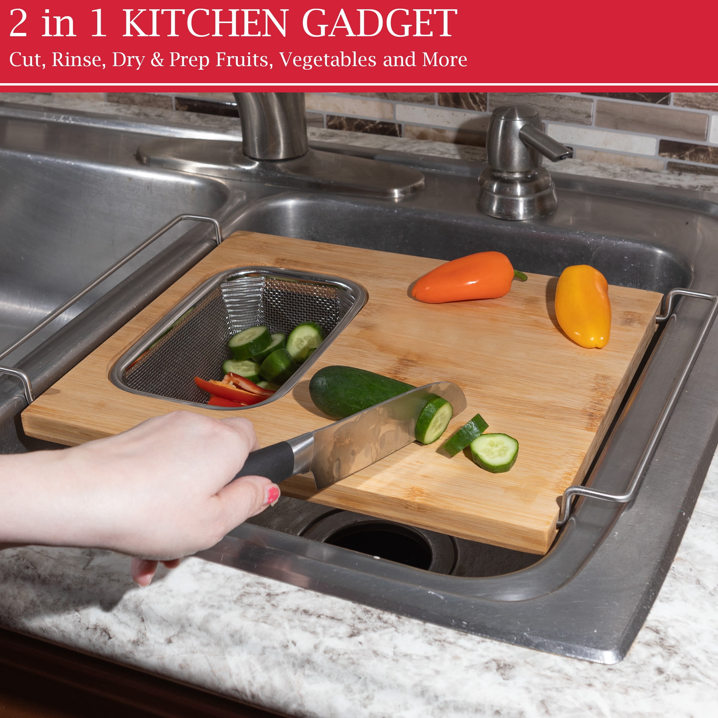 Classic Cuisine 2 in 1 Bamboo Cutting Board with Strainer for Over the Sink
