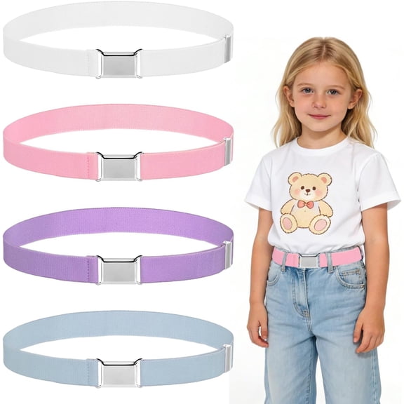 4 Pcs Girls Belt, Kids Girls Elastic Belt Adjustable Square Buckle for Teens Jeans Trousers Dress