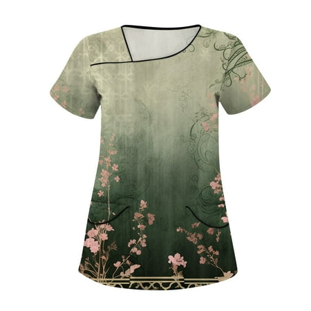 Stretch Scrubs for Women,Floral Print Women's Scrub Tops - V-Neck Short Sleeve Nursing Tops with Side Pockets - Army Green - XXXL