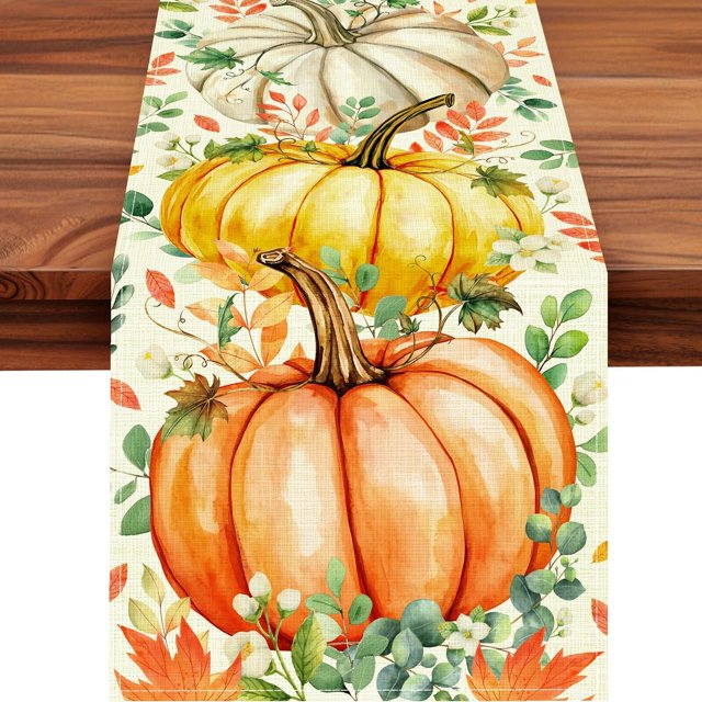 WANGQI Pumpkin Eucalyptus Leaves Fall Table Runner, Autumn Thanksgiving Kitchen Table Decorations for Home Party Decor