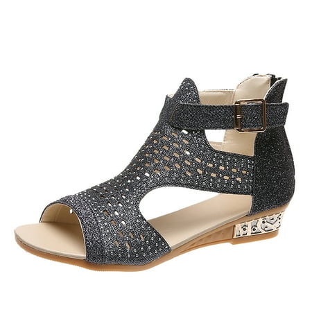

Lyinloo Summer Fish Mouth Rhinestone Women s Hollow Out Sandals Zipper Women s Shoes Black 36