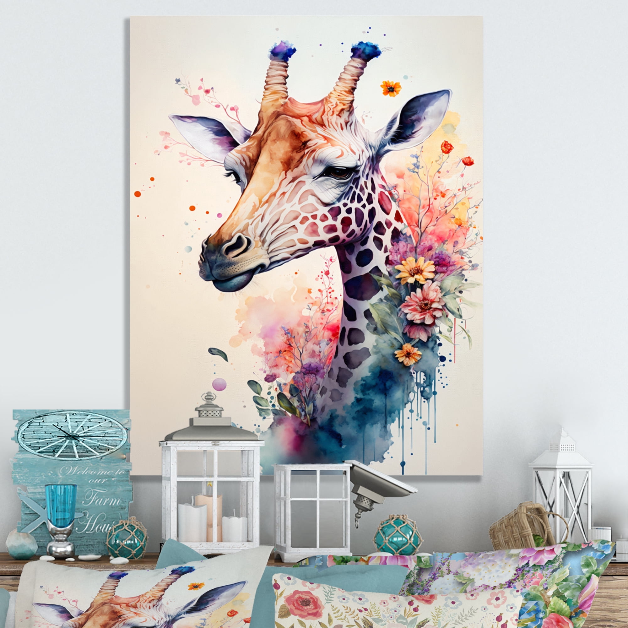 Designart Cute Giraffe Floral Art II Canvas Wall Art