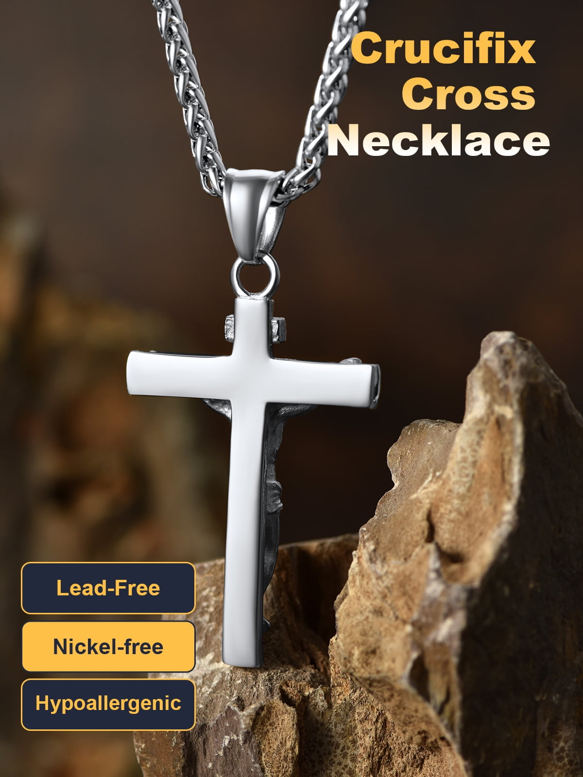U7 Stainless Steel Crucifix Necklace for Men, Jesus Cross Pendant