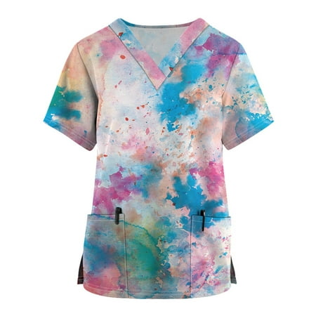 

Sksloeg Scrubs Tops Women Plus Size Tie-dye Printed Scrub Shirt Tops Short Sleeve V-Neck Working Uniform Workwear with Pocket Multicolor XXXXL