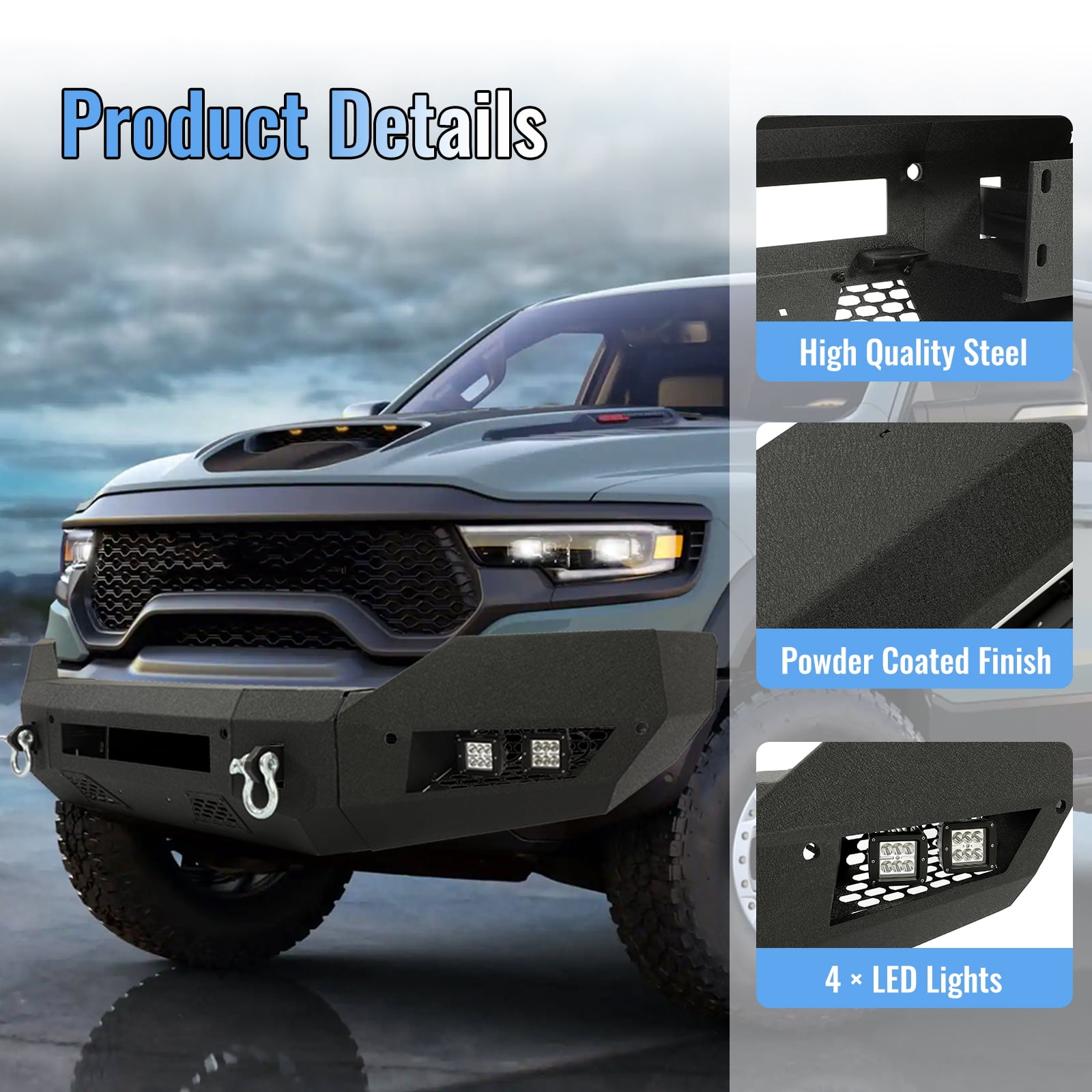 HECASA  Front Bumper W/ D-Ring LED Fog Light for 2013-2021 Ram 2WD 4WD 1500 Classic 14 15 16 17 18 19 2020