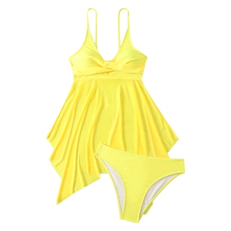 Women s Swim Dress 2 Piece Swimsuit with Skirt Modest Cut Out Padded Twist Bathing Suits Swimwear Swimdress with Bottom Womens Adjustable Bikini Bra Shorts Bikini Swimsuit Split Swimsuit Yellow Xl