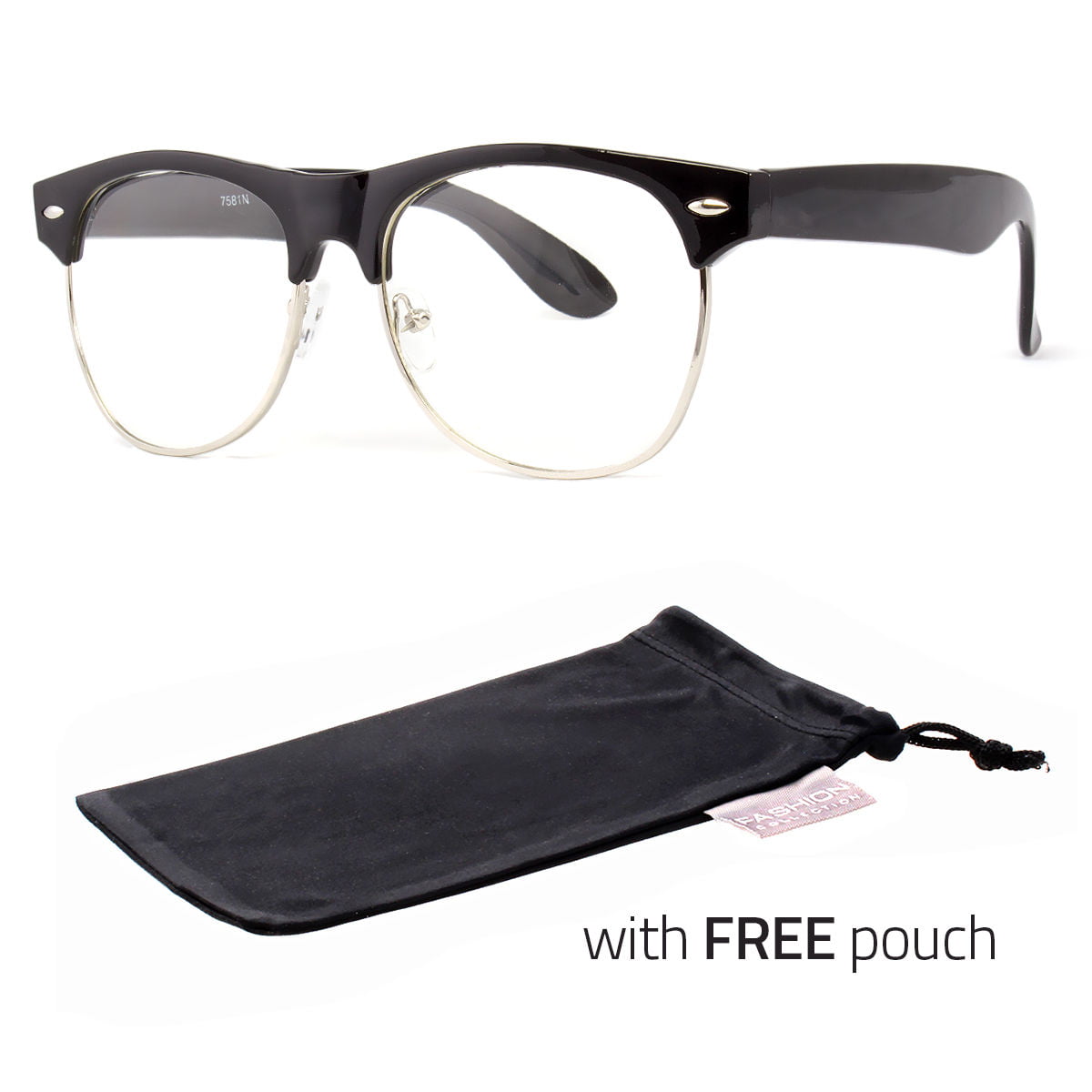 2 Silver Club Style Fashion Half Frame Clear Lens Glasses with FREE 2 Soft Pouch 