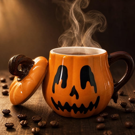 Uxgjfwu Pumpkin Ghost Shaped Mug With Lid, Ceramic Halloween Coffee Tea Cup, Spooky Drinkware With Cover, Home Kitchen Holiday Gift