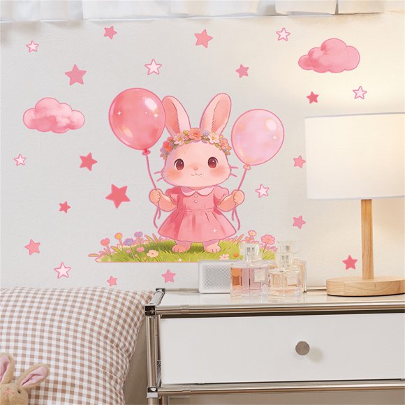 Ngheia Autocollants Lumineux dans le Noir de Chambre d'Enfant avec Mignon Lapin de Dessin Animé Nuage Étoile, Décalcomanies Murales Amovibles à Thème Nature à Peler et Coller pour Chambre