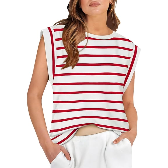 YUEVORA Striped Sleeveless Tops for Women, Crew Neck Cap Sleeve Tops for Women, Casual Loose Fit Summer Tops, Basic Classic Striped Daily Office Wear T Shirts for Women