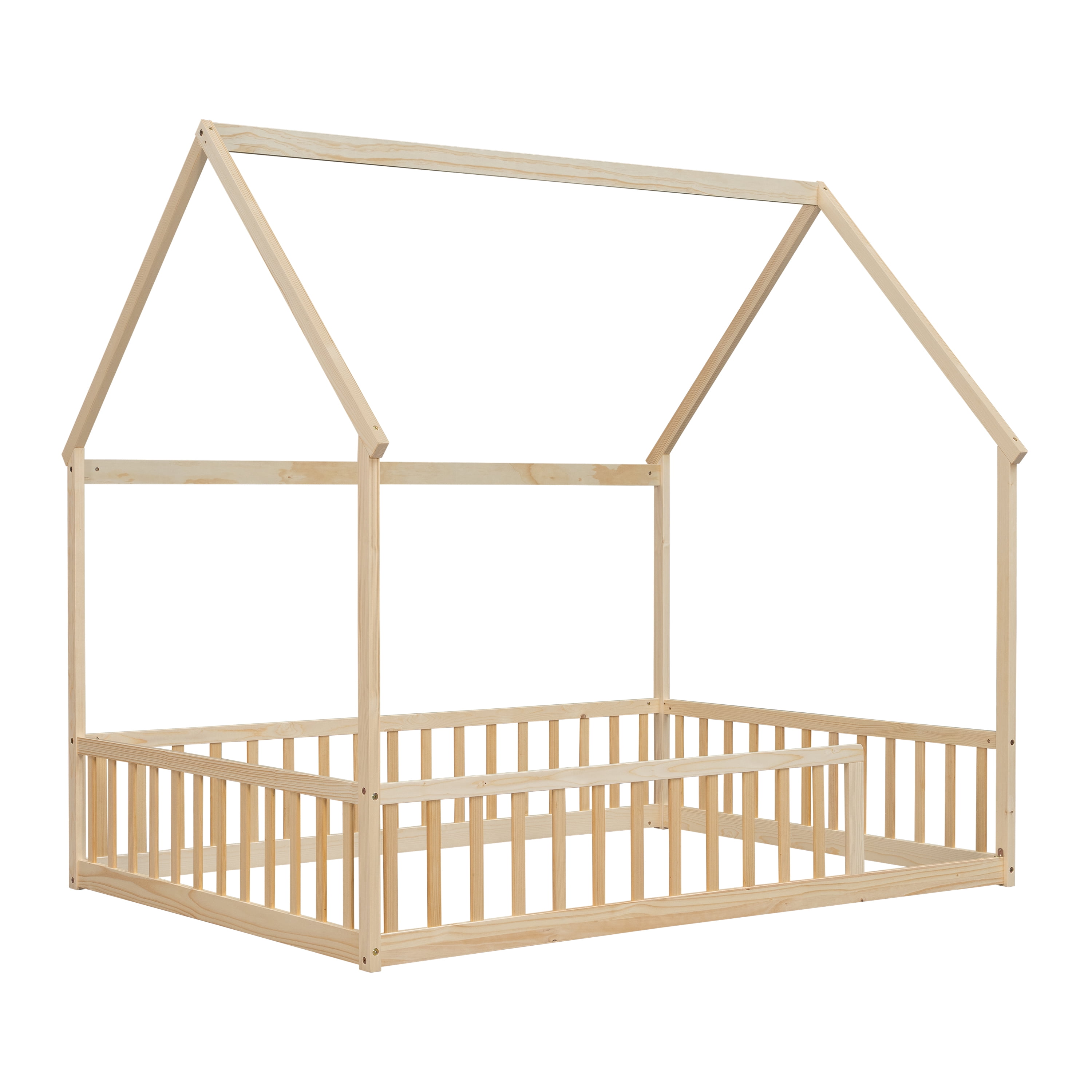 Mintazer Full Size House Toddler Floor Bed with Guardrails, Kids Montessori Low Bed with Roof Frame for Bedroom Playroom, Natural