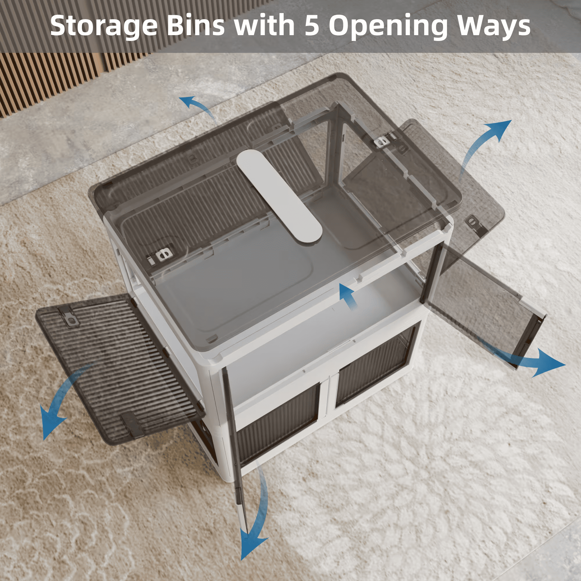 384QT 3-Pack Transparent Stackable Storage Bins with 5 Doors to Open with Wheels, Folding Plastic Craft Containers Large Closet Organizers Box for Bedrooms Living Rooms Study Kids' Toys, White