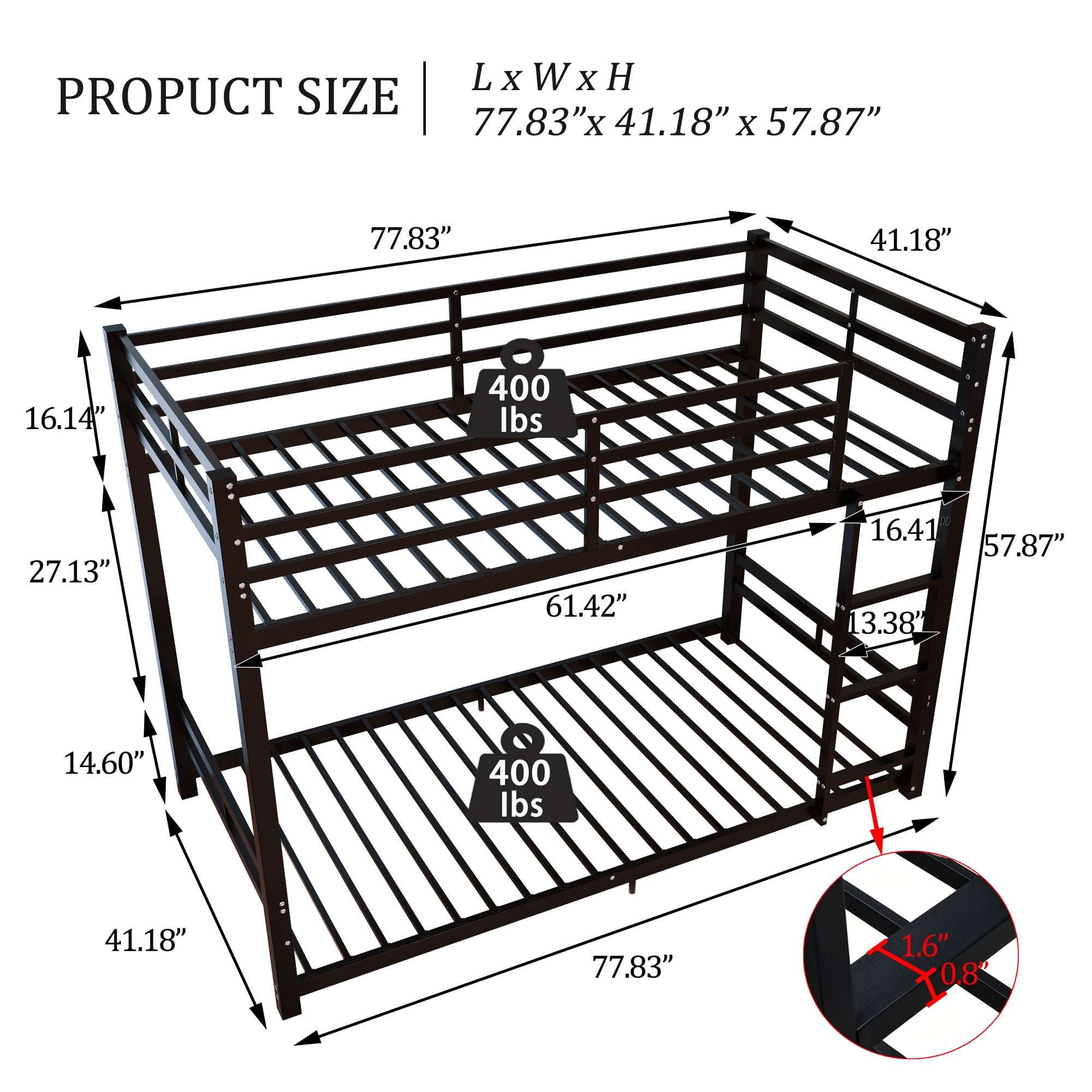 Mintazer Twin Over Twin Metal Bunk Bed Frame with Guardrail & Side Ladder for Kids Teens Bedroom, No Box Spring Needed, Black