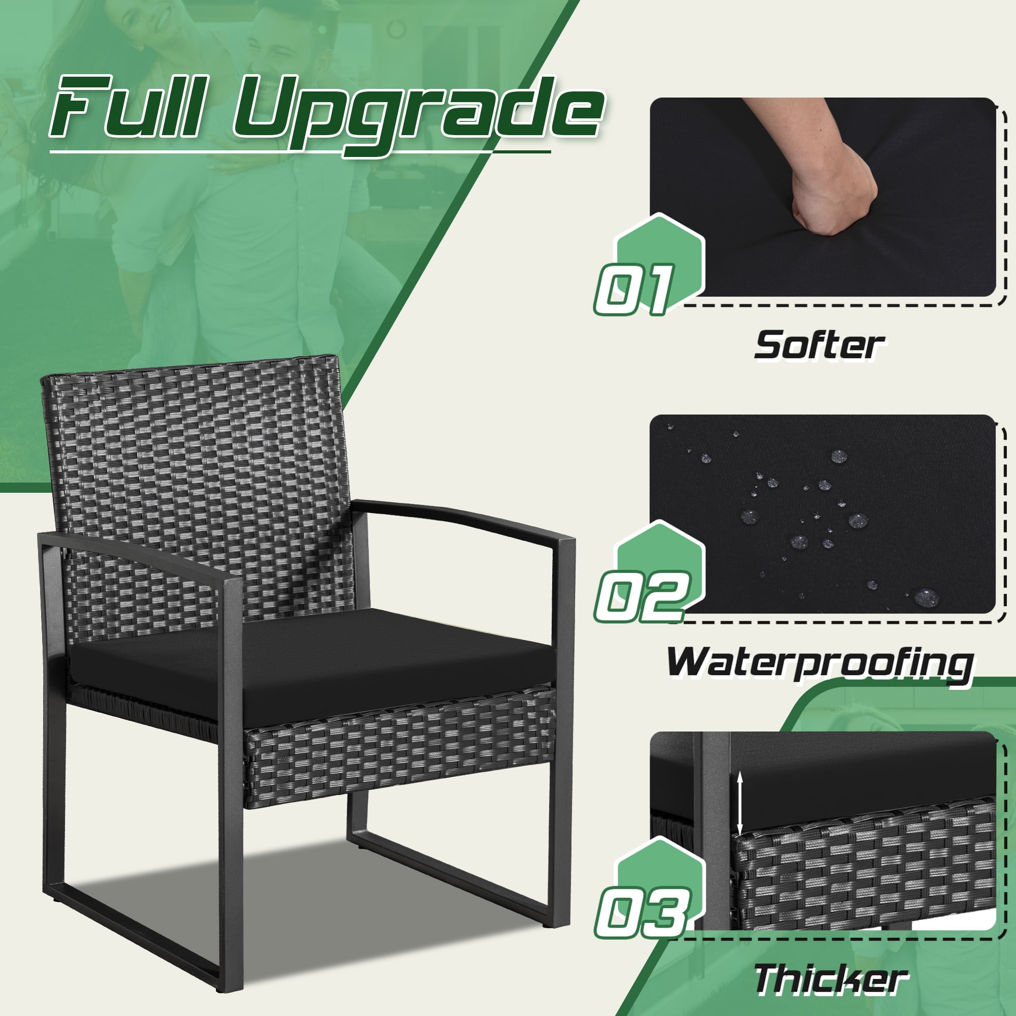 Homall 3-Piece Casual Bistro Set with Wicker Chairs and Coffee Table for Patio Furniture, Black