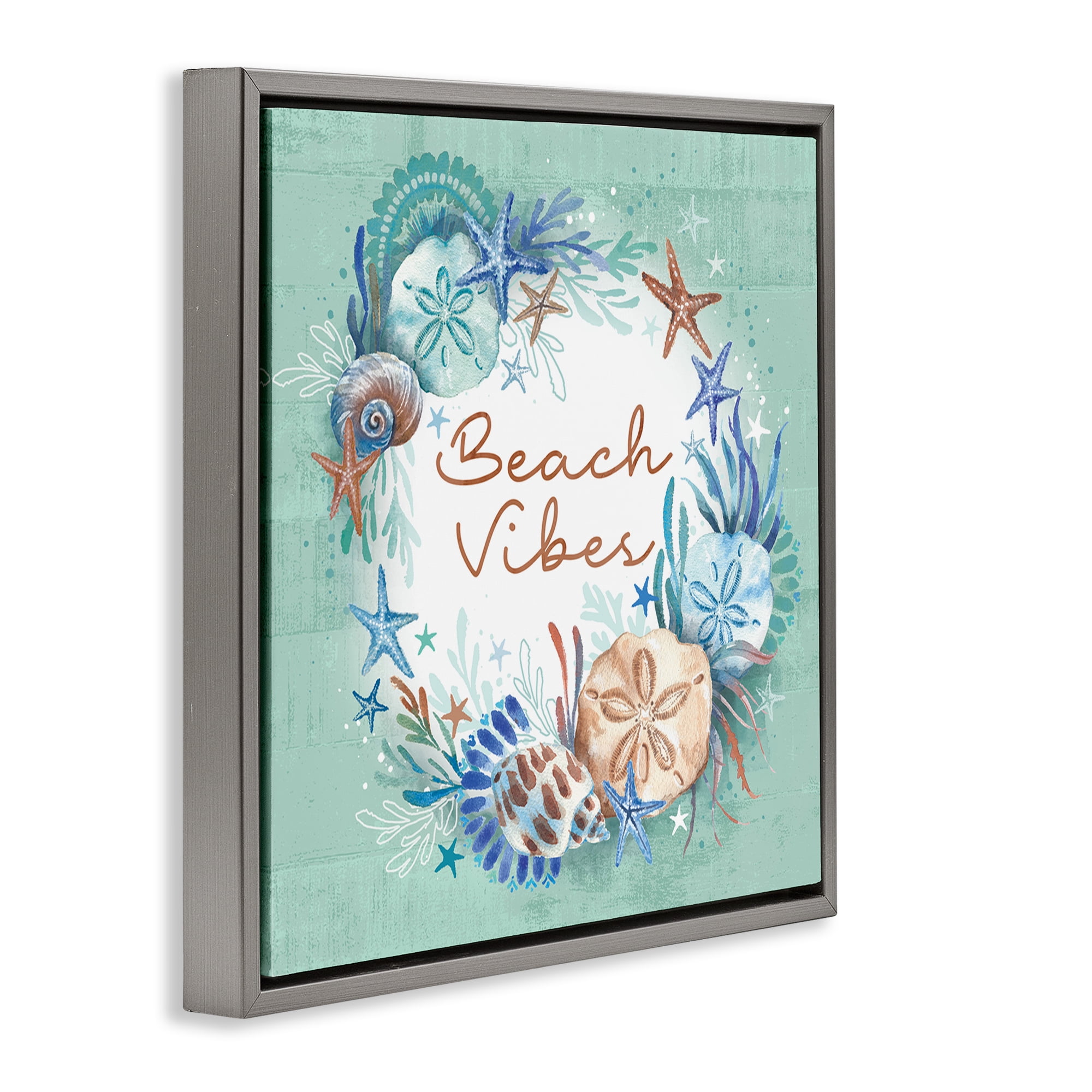 Stupell Industries Beach Vibes & Seashells Coastal Painting Gray Floater Framed Canvas Art Print Wall Art, 25 x 25
